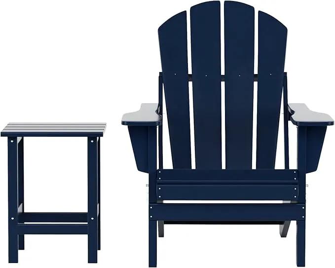 WO Home Furniture Adirondack Chair Table Set of 2 PCS Outdoor Folding Chair w Side Table Weather/UV Resistant for Lawn, Garden, Bon Fire, Balcony (Navy Blue) by GreenHaven Gardens