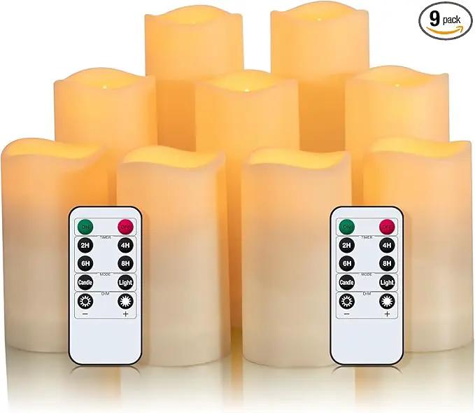 Metaku Flameless Flickering Candles Battery Operated LED Candles Set of 9 Ivory with Remote & Timer for Halloween, Christmas, Bedroom, Home, Wedding, Birthday Decoration D2.2'' x H4''5''6'' by GreenHaven Gardens