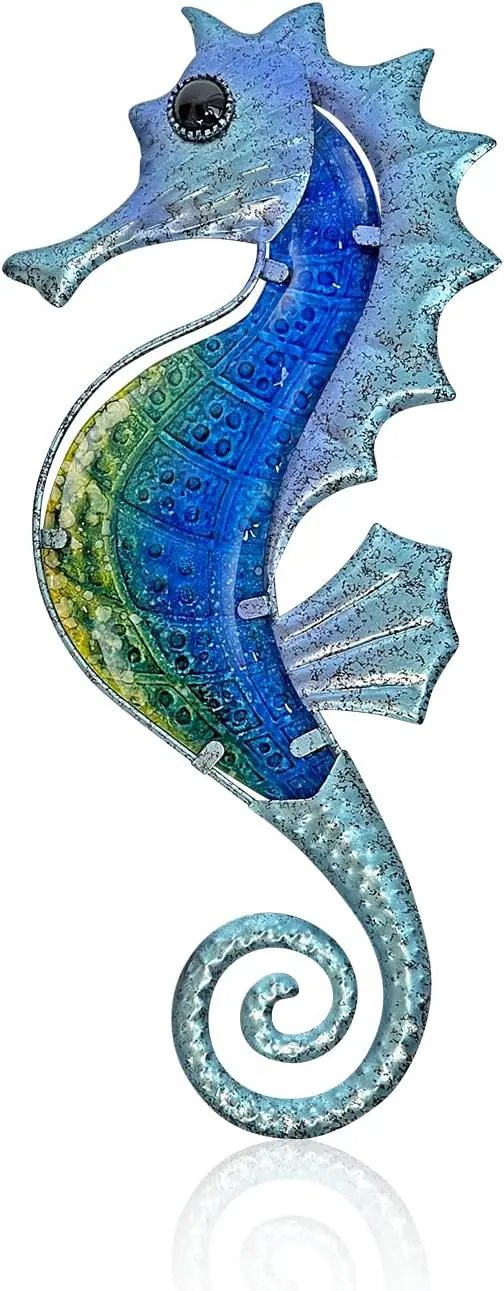 LIFFY Large Metal and Glass Seahorse Wall Decor, Sea Life Decor, Metal Fish Wall Decor, Ocean Beach Theme Wall Art for Bathroom Home Pool Gift Idea by GreenHaven Gardens