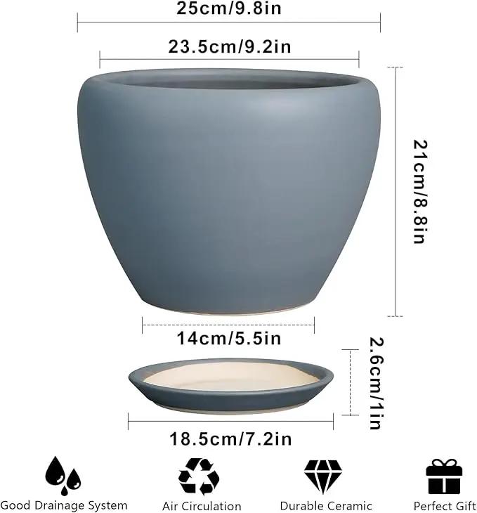 10 Inch Plant Pot - Ceramic Planter for Indoor Plants Large Plant Pot with Drainage Hole and Saucer Round Outdoor Planter Modern Flower Pot for Home Decor Gray by GreenHaven Gardens