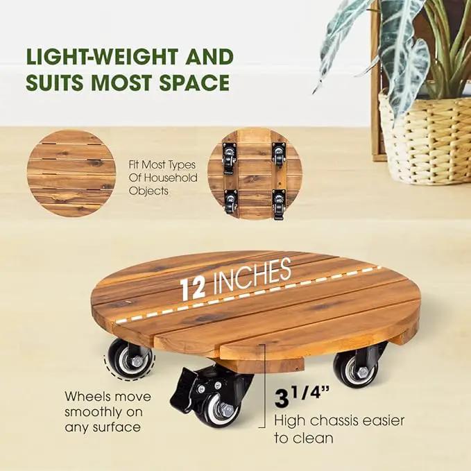 Idzo 2pack 12inches Wood Plant Caddy with Wheels Heavy Duty, 264 Lbs Capacity, Acacia Hardwood Plant Dolly, Plant Stand with 360° Lockable Wheels for Plant Pots, Heavy Objects Hauling - Natural Wood by GreenHaven Gardens