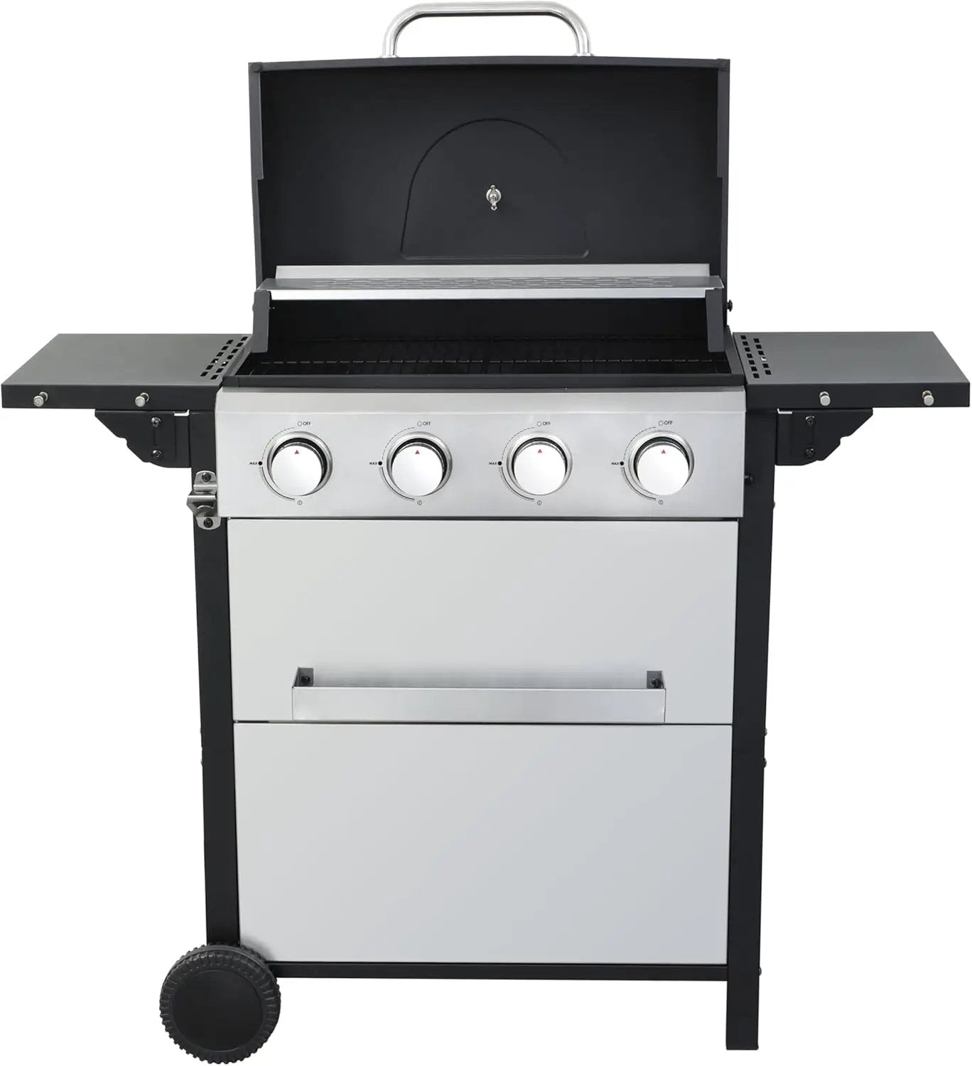 4-Burner Propane Gas BBQ Grill, 34,200 BTU Output, Wire Enamel Cooking Grates, Foldable Side Table and Hanging Basket, Stainless Steel Grill for Outdoor Cooking by GreenHaven Gardens