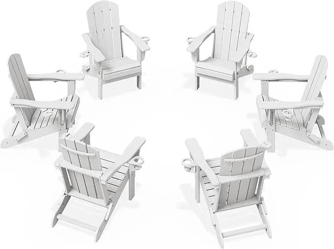 KINGYES Folding Adirondack Chair Set of 6, Dual Cup Holders & All-Weather HDPE, Wood-Like Patio Chair for Backyard, Camping, Pool & Fire Pit, White by GreenHaven Gardens