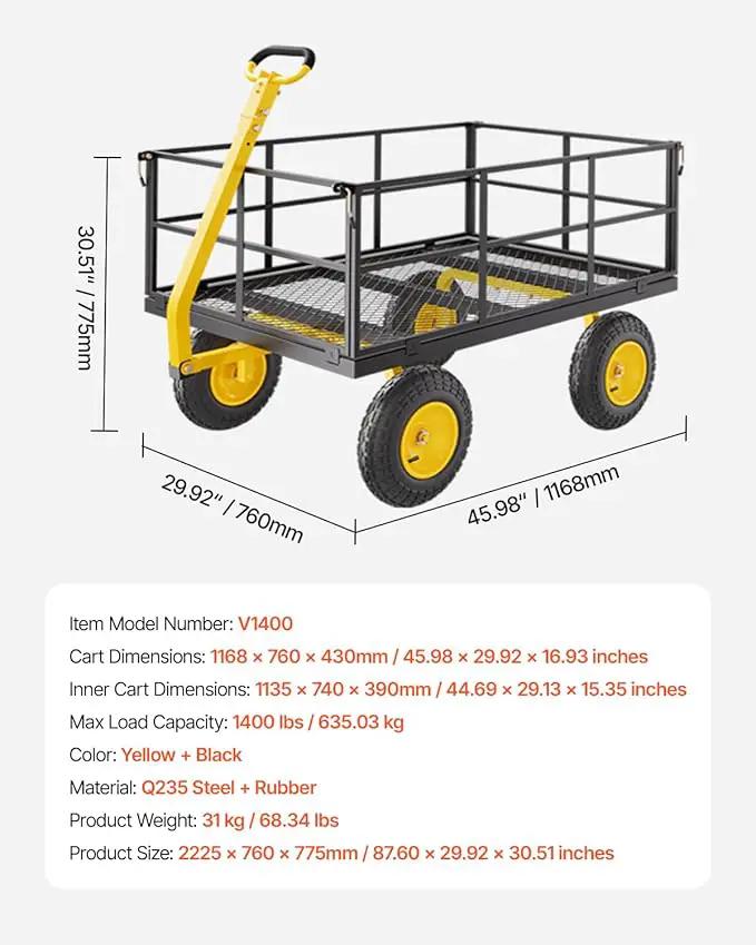 VEVOR 1400 Lbs Steel Garden Cart, Heavy Duty Pullable Garden Wagon Yard Cart, 2 in 1 Outdoor Metal Utility Wagon Yard Trailer with 13" All Terrain Tires, Mesh Removable Sides and 180°Rotating Handle by GreenHaven Gardens