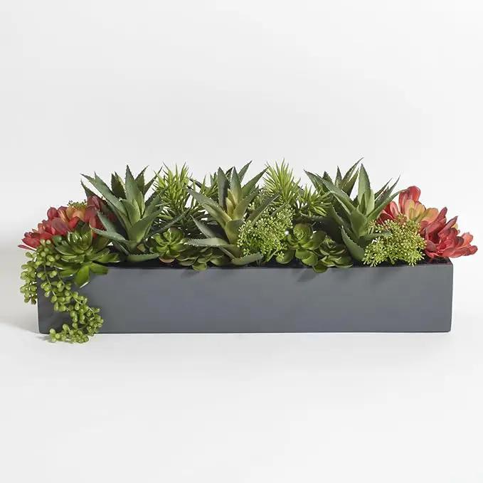 Oblong Faux Succulent Arrangement, Premium Artificial Indoor Plant Enhances Interior Design, Display on any Surface in Your Home Adding an Inviting Touch of Nature, Grey Planter Pot Included by GreenHaven Gardens