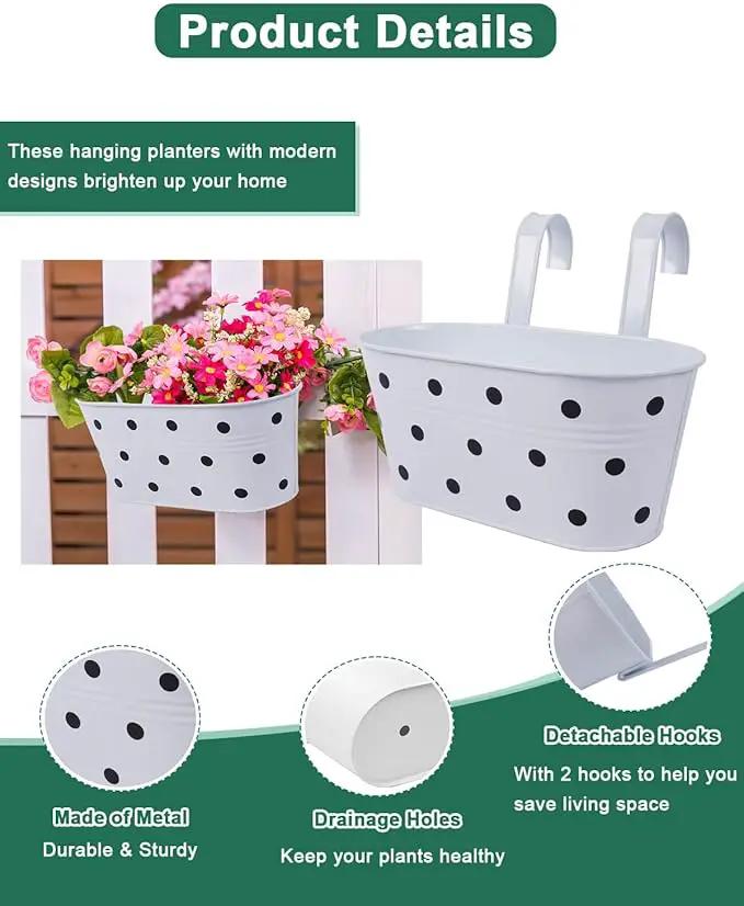 vensovo Metal Railing Planter for Outdoor Plants - 3 Pack Balcony Hanging Flower Pots with Detachable Hooks and Drain Holes Oval Bucket Rail Box Fence Planters for Home Garden Decor, White with Spot by GreenHaven Gardens