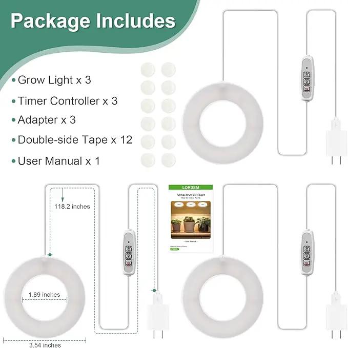 LORDEM Grow Light for Indoor Plants, 48 LEDs Ceiling Full Spectrum Plant Light, 5V Corded Growing Lamp with 4/8/12H Auto Switch, 4 Dimmable Brightness Levels, Single-Head, 3 Pack by GreenHaven Gardens