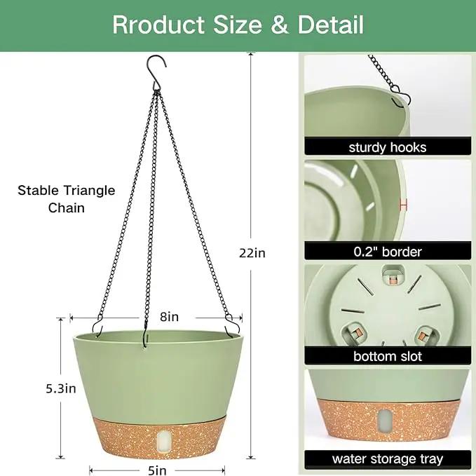 QCQHDU 2 Pack 8 inch Hanging Planters for Indoor Plants, Outdoor Hanging Baskets, Self Watering Pots with Drainage Holes & Removable Tray (Green, 8 inch) by GreenHaven Gardens