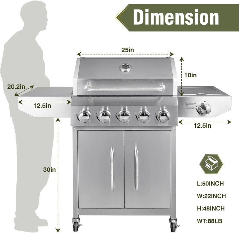 Bestfire 68,000 BTU 5 Burner Propane Gas Grill with Side Burner-Professional-Grade Stainless Steel Outdoor BBQ Grill-647 sq in Cooking Space&Porcelain Cast Iron Grrates-Patio Cart Design for Backyard by GreenHaven Gardens