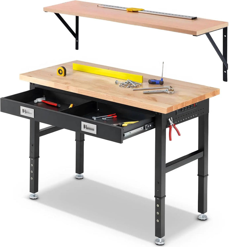 Workbench with Shelf Bracket 48 x 24 Inch Heavy Duty Rubberwood Tabletop Work Table Adjustable Height Work Bench with Drawer, Power Outlets for Garage Woodworking Shop, Home, Office by GreenHaven Gardens