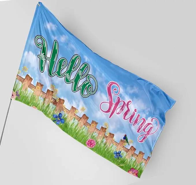 Hello Spring Birds with Flowers Home Flag 3x5 Ft,Seasonal Welcome Home Flower Spring Sweet Farmhouse Rustic Home Décor House Flag Seasonal Holiday Party Polyester Outdoor Decor with Brass by GreenHaven Gardens