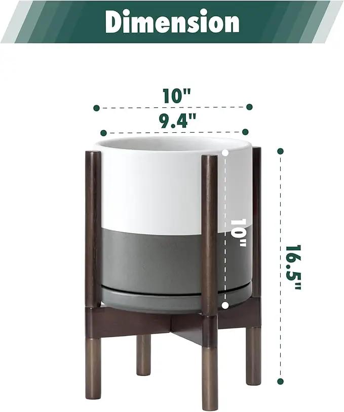 D'vine Dev Ceramic Planter with Walnut Color Stand - 10 Inch Modern Round Flower Pot with Wood Planter Holder, White/Grey, 55-B-X-6 by GreenHaven Gardens