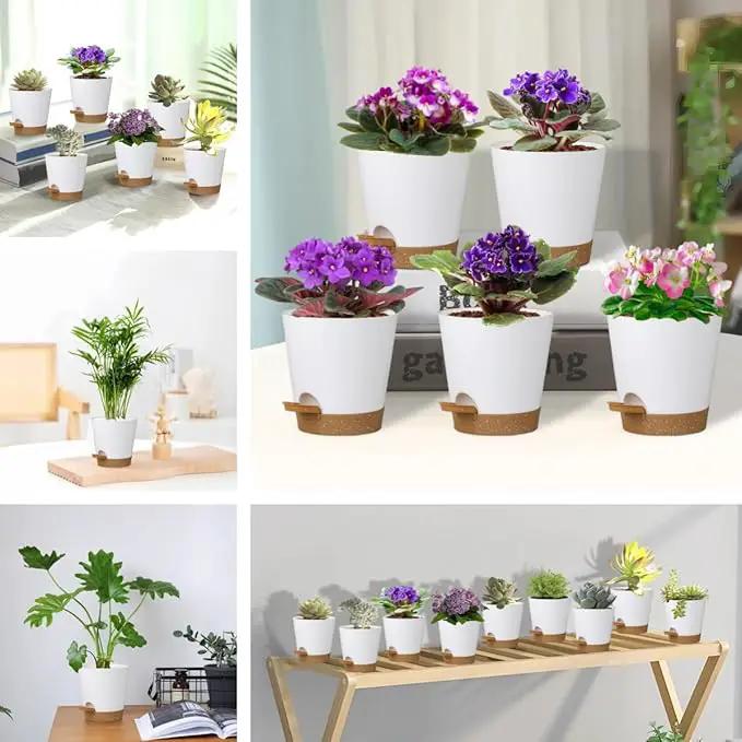 5 Pack 5 inch Self-Watering Pots, African Violets Planter with Drainage Holes and Reservoir, White Brown Plastic Planter for Indoor Outdoor Plants Flowers and Houseplants White Brown, 5 inch 5 pcs