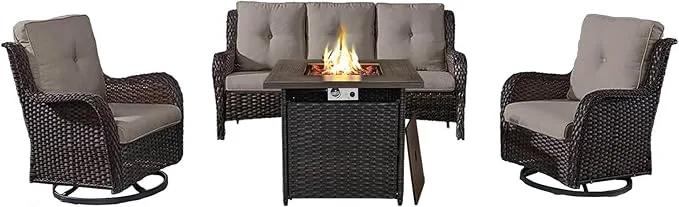 Outdoor Patio Furniture Set with 50000BTU Propane Fire Pit Table, 4 Pieces Wicker Patio Conversation Set with 2 Swivel Rocker Glider Chairs Rattan Sofa Grey Cushion Perfect for Gathering by GreenHaven Gardens