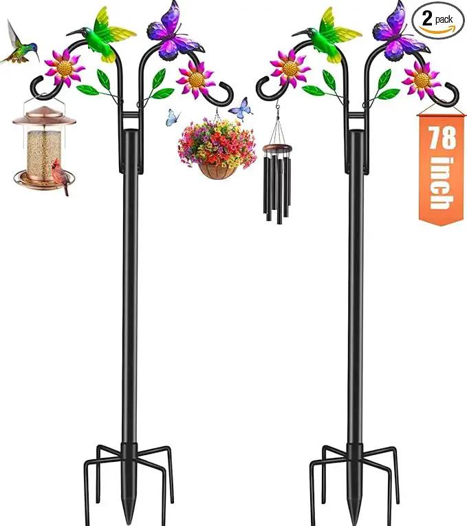 Double Shepherds Hooks for Outdoor, 78 Inch Artistic Hummingbird & Flower Design, 5 - Prong Base, Ideal for Bird Feeders, Baskets & Lanterns (2 Pack) by GreenHaven Gardens