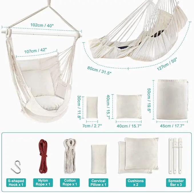 Outerman Hammock Chair, Hanging Chair with 3 Cushions and Foot Rest Support, Sturdy Metal Spreader Bar Max 440 Lbs, Swing Chair for Bedroom, Indoor & Outdoor, Patio, Porch or Tree（White） by GreenHaven Gardens