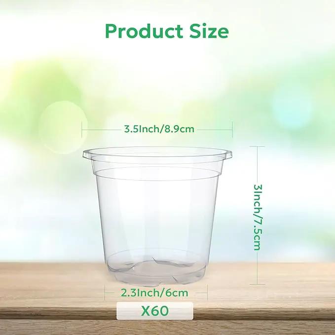 60 Packs 3.5 Inch Reinforced Clear Nursery Pots with Drainage Hole, Transparent Variety Pack Plastic Plant Pot Seedling Planter Seed Starter Flower by GreenHaven Gardens