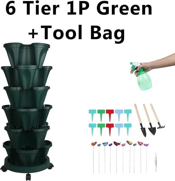 Vertical Planter, 6 Tier Stackable Strawberry Planter with Garden Tool Set, Movable Indoor/Outdoor Garden Herb Pot for Growing Vegetables and Succulents, Green by GreenHaven Gardens