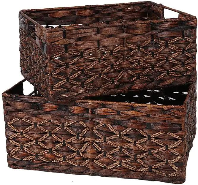 Rectangular Woven Water Hyacinth Basket,Dark Storage Basket With Inside Handle Shelves Kitchen Office Desk (Set of 2) by GreenHaven Gardens
