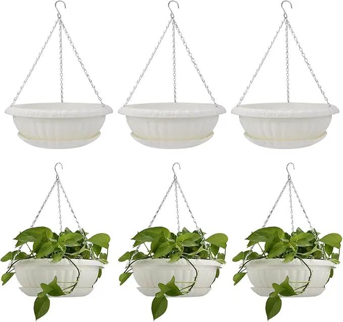 12.59in Hanging Planter Pots for Outdoor and Indoor Plants Flowers with Drainage Hole Tray Hooks Plastic Plant Baskets for Garden Home Porch (White, Pack of 6) by GreenHaven Gardens