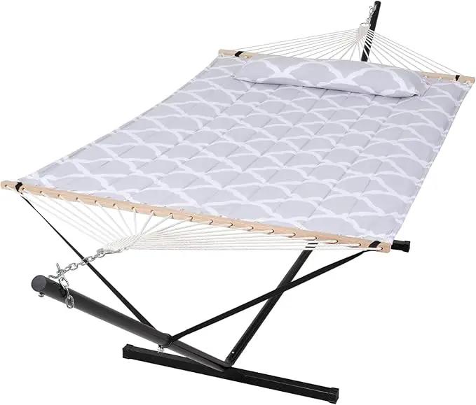 SUNCREAT Double Hammock, Extra Large Quilted Fabric Swing with Hardwood Spreader Bars & Detachable Pillow, Heavy Duty, Perfect for Indoor/Outdoor Patio, Deck, Yard, Gray Cloud by GreenHaven Gardens