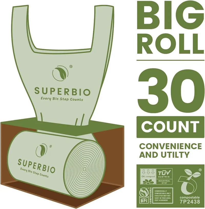 SUPERBIO 13 Gallon Handle Tie Compostable Food Waste Bags, 30 Count, 2 Pack, ASTM D6400, BPI and OK compost INDUSTRIAL, 49.2L, 0.87 Mil by GreenHaven Gardens