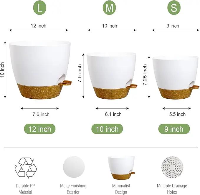 Large Self Watering Pots, 12/10/9 Plastic Planters with High Drainage Holes and Deep Reservoir for Indoor Outdoor Garden Plants and Flowers, White with Brown by GreenHaven Gardens