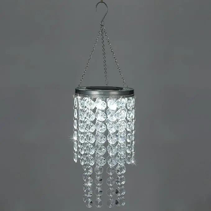 Hanging Solar Crystal Chandelier Outdoor, 21” Modern Solar Transparent Acrylic Beaded Lantern with Cool White LED S Hooks for Garden Yard Patio Gazebo Outside Decor by GreenHaven Gardens