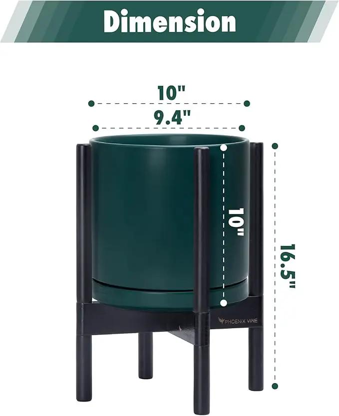 D'vine Dev Ceramic Planter with Ebony Stand - 10 Inch Modern Round Flower Pot with Wood Planter Holder, Teal, 55-B-L-4 by GreenHaven Gardens