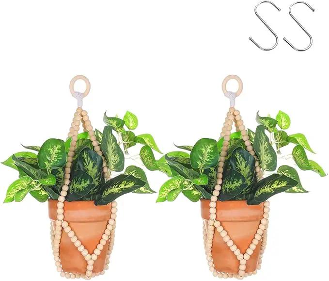Artilady 2 Pack Beaded Plant Hanger Indoor - Macrame Hanging Planters for Plants Holder No Tassels with Wooden Beads Boho Farmhouse Rustic Home Decor by GreenHaven Gardens