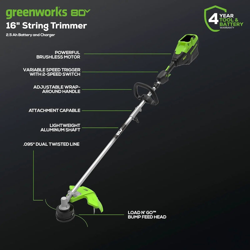 Greenworks 80V 16" Brushless Cordless (Attachment Capable) String Trimmer, 2.5Ah Battery and Charger Included by GreenHaven Gardens