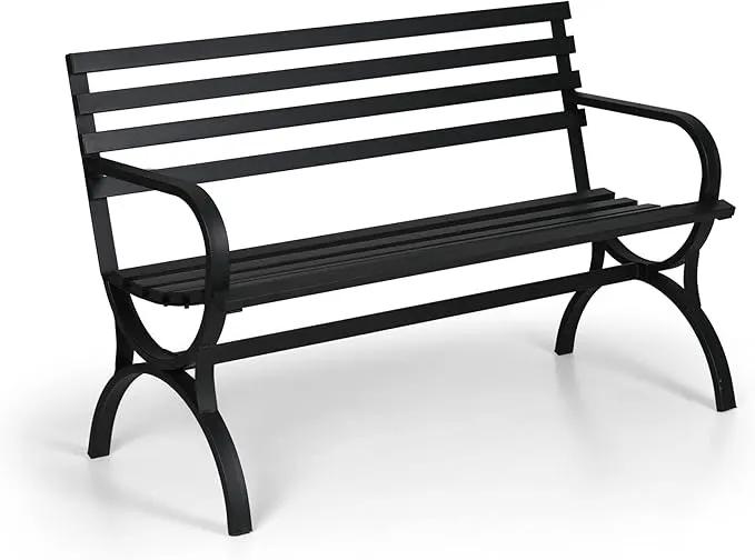 PHI VILLA Outdoor Garden Bench, 48” Long Metal Steel Bench with Backrest and Armrests, Modern Slatted Design for Patio, Lawn, Yard, Porch - Black by GreenHaven Gardens