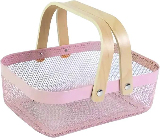 Metal Mesh Steel Basket, Storage Organizer Basket Garden Harvest Basket Multi-functional Kitchen Fruit Baskets Bin with Wooden Handle for Bathroom Picnic Shopping Decor Cabinet Home, Pink by GreenHaven Gardens
