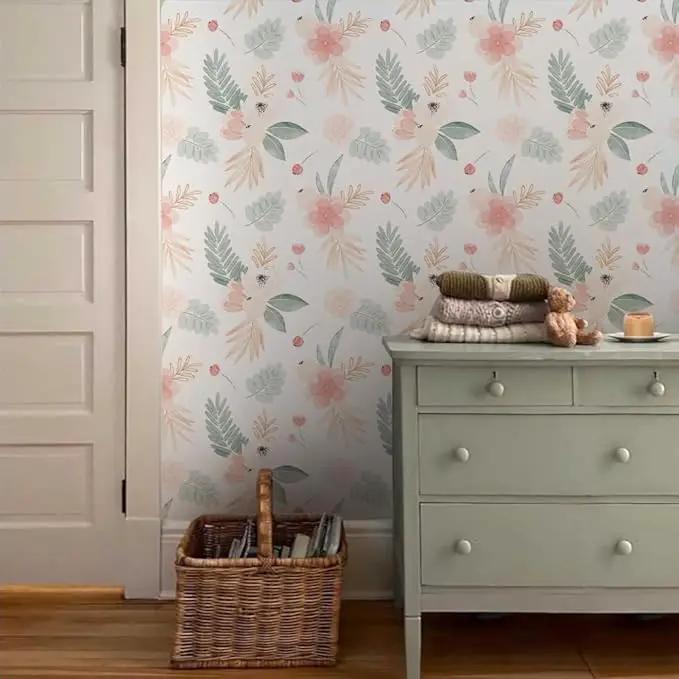 Neutral Green Leaves Pink Poppy Floral Peel and Stick Wallpaper Self Adhesive Removable Easy Peel Off Stick on Wall Paper for Bedroom Cabinet Renter by GreenHaven Gardens