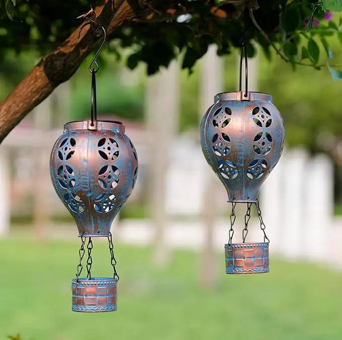 Hot Air Balloon Solar Lantern for Garden Decor,2 Pack Matal Hanging Lantern,Outdoor Metal LED Solar Lights for Yard Patriotic Trees Decor by GreenHaven Gardens