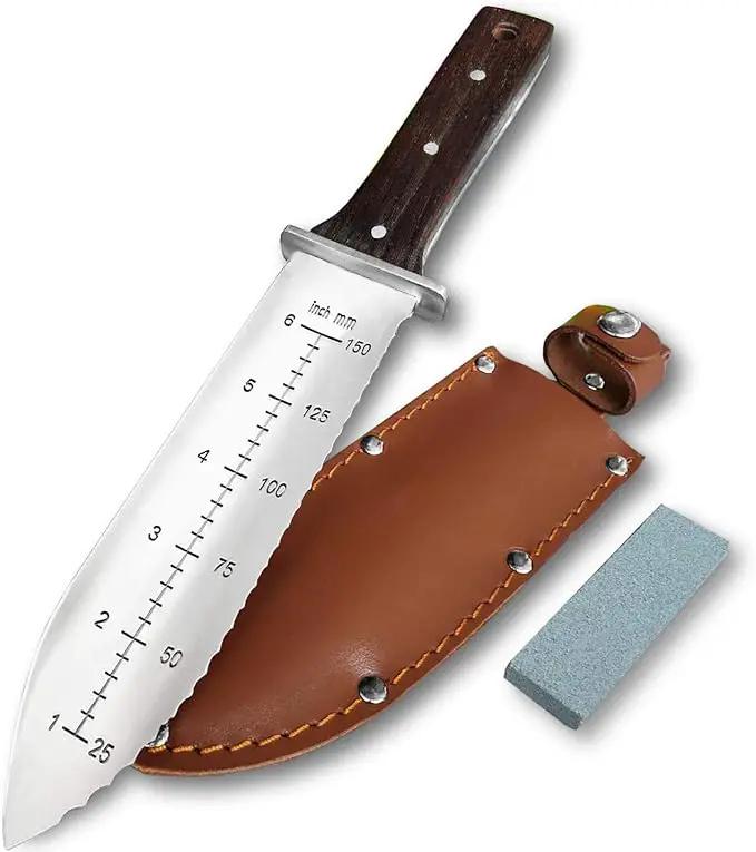 gonicc Professional Hori Hori Garden Knife with Leather Sheath, Protective Handguard, High polished 440 Stainless Steel Blade, Sharpening Stone Included, for Weeding, Digging, Pruning, and Cultivating by GreenHaven Gardens