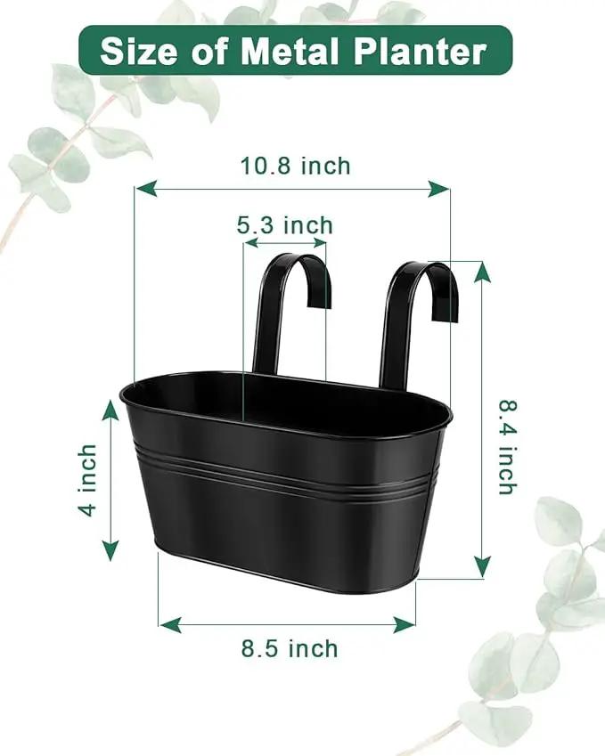 vensovo Metal Railing Planter for Outdoor Plants - 5 Pack Balcony Hanging Flower Pots with Detachable Hooks and Drain Holes Oval Bucket Rail Box Fence Planters for Home Garden Decor, Black by GreenHaven Gardens