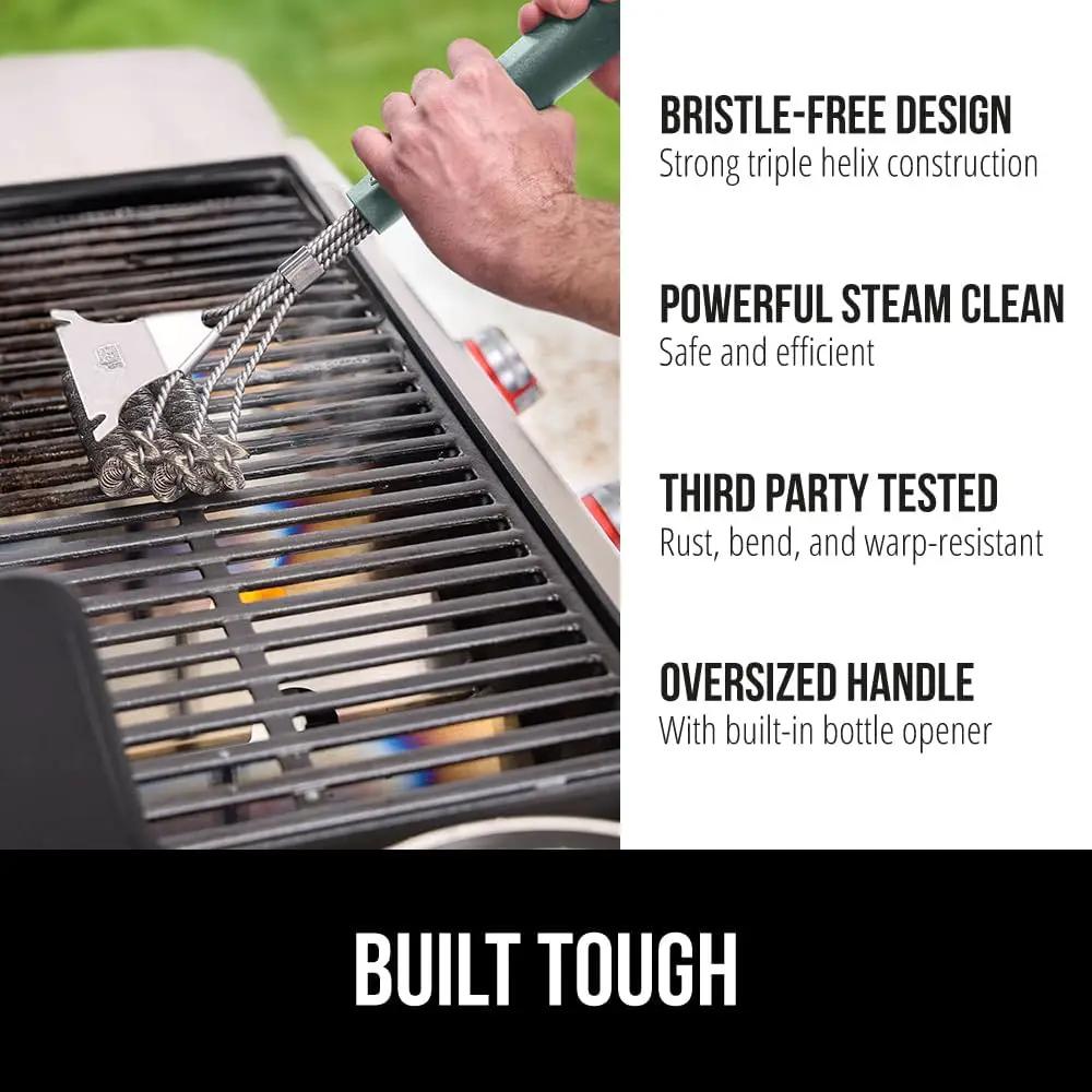 GORILLA GRIP Heavy Duty No Bristle Triple Helix Grill Brush with Scraper for Outdoor Grills, Safe Steam Cleaning, Oversized Comfortable Handle Grip with Bottle Opener, BBQ Tools, 17.5 Inch, Green by GreenHaven Gardens