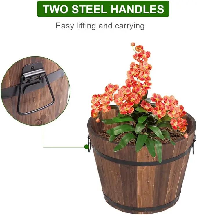 3 Pcs Wooden Planter Barrel Set, Outdoor Flower Pots with Handle & Drainage Holes, Rustic Whiskey Barrel Planter for Plants, Herbs, Veggies, Indoor Outdoor Use by GreenHaven Gardens