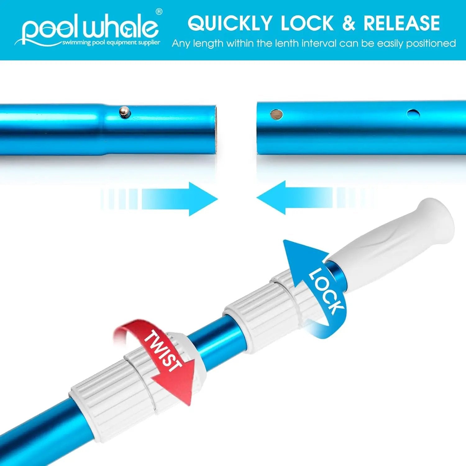 POOLWHALE Premium 15 Foot Telescopic Swimming Pool Pole, Adjustable 3 Piece Extendable Pool Cleaning Pole, Blue Anodized Aluminum - for Skimmer Nets, Vacuum Heads and Brushes by GreenHaven Gardens
