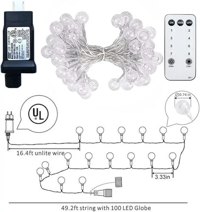 Globe String Lights 49.2 Feet 100 LED, Plug in Crystal Fairy String Lights with Remote Timer, 8 Modes Indoor Outdoor Hanging Globe Lights for Wedding Bedroom Classroom Patio Garden by GreenHaven Gardens