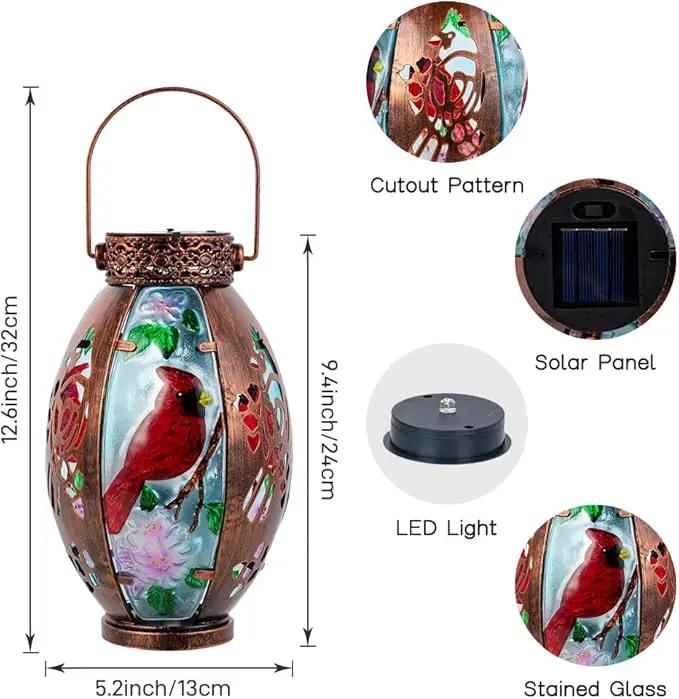 Starsoul Cardinal Outdoor Solar Lantern - Metal & Stained Glass Cardinal Solar Light, Waterproof Tabletop Lamp with Hollowed-Out Design for Yard, Patio, Garden, Pathway by GreenHaven Gardens