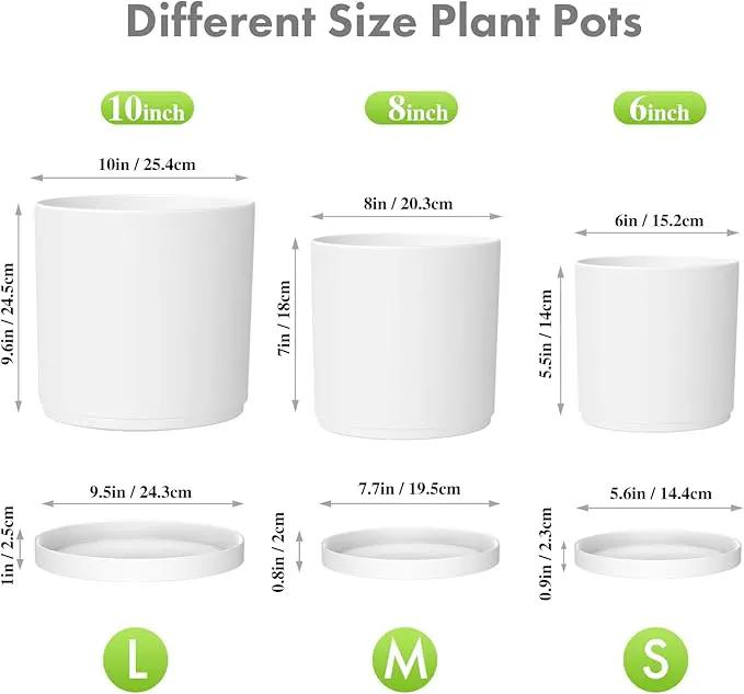 10/8/6 inch Deep Flower Pots, 3 Pack Cylinder Tall Plant Pots for Outdoor Indoor Plants, Large Decorative Plastic Planters with Drainage Holes and Saucers for Garden House Plants, White by GreenHaven Gardens