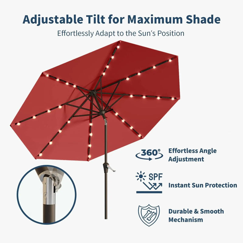 10FT Solar Umbrella 32 LED Lighted Patio Umbrella Table Market Umbrella w/Tilt and Crank, UV-Resistant Outdoor Umbrella for Pool, Garden, Deck, Red by GreenHaven Gardens
