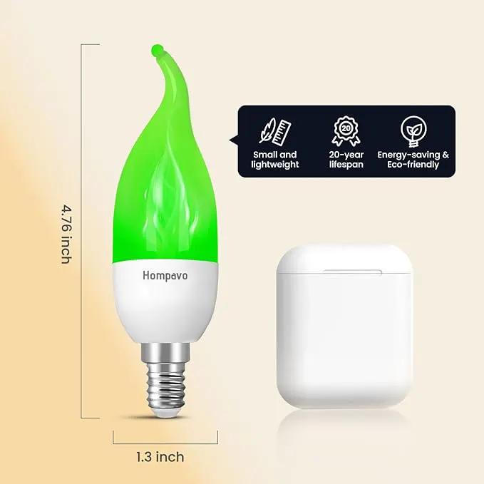 Hompavo 【Upgraded LED Flame Light Bulbs, 3 Modes Flickering Light Bulbs, E12 Chandelier Base Candle Fire Light Bulb for Halloween Christmas Party Porch Indoor & Outdoor Home Decoration, Green 6 Pack by GreenHaven Gardens
