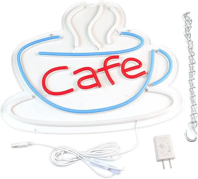 Cafe Neon Sign for Coffee Bar Pub Decor,Blue Wall Art Decoration For Restaurant Living room,Led Light of Cafe,USB Power Supply With Metal Chain. by GreenHaven Gardens