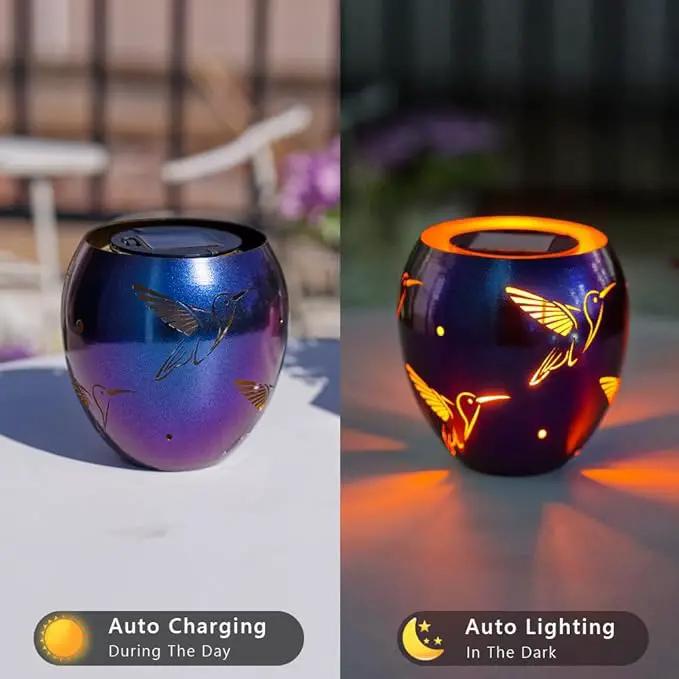 VEWOGARDEN Solar Lanterns Outdoor Waterproof Hummingbird Hollowed-Out Metal Lantern Solar Lights with Flickering Flame for Patio Porch Table, Purple by GreenHaven Gardens