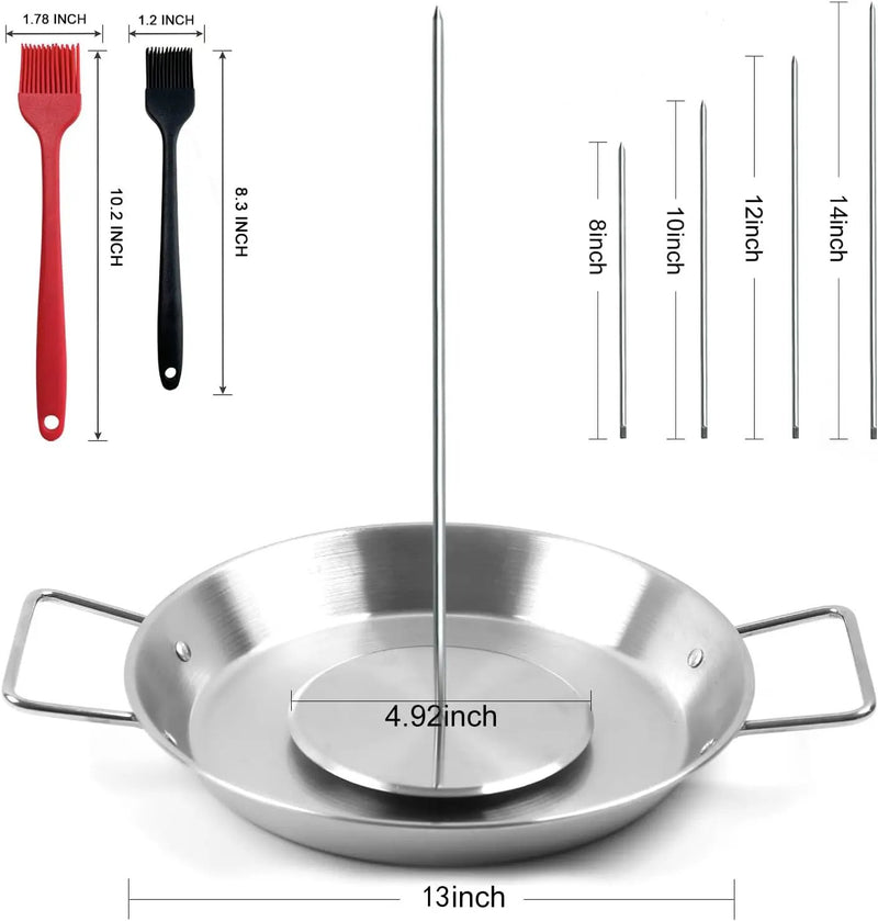 Fengzhe Al Pastor Skewer for Grill: Extra Large 13" Stainless Steel Vertical Skewer, Brazilian Spit Stand with 4 Spikes, 2 Brushes, for Tacos Al Pastor, Shawarma, Kebabs, with Fat Separator Tray by GreenHaven Gardens