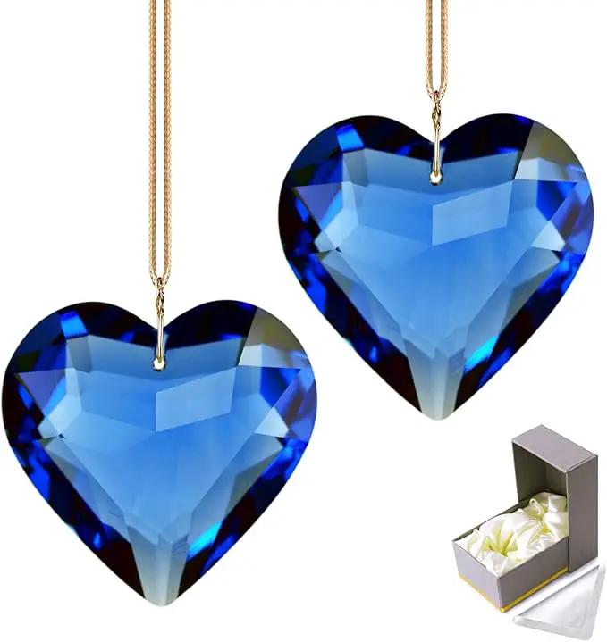 Blue Heart Crystal Suncatcher, 2pc 45mm Hanging Prism for Windows, Outdoor Indoor Decoration, Rainbow Maker Gifts for Mom, Grandma, Friend by GreenHaven Gardens