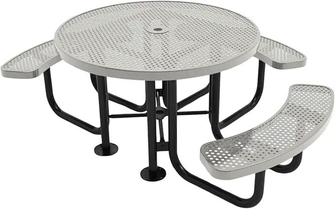 Heavy-Duty Portable Outdoor Picnic Table with Umbrella Hole, Punched Steel Patio Dining Furniture Made in America (46" Round Top, Textured Grey) by GreenHaven Gardens